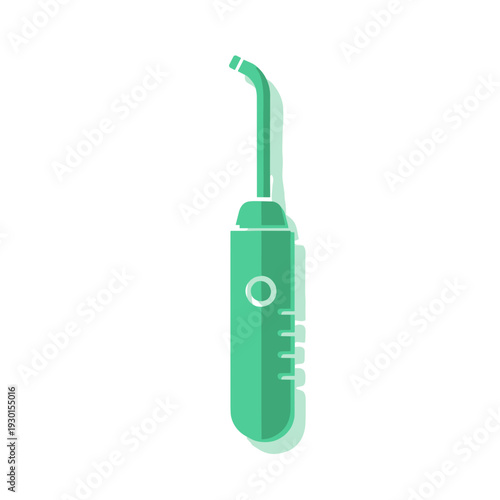 Green dental tooth flosser isolated on a white background, showcasing sleek modern design with ergonomic grip and angled nozzle for effective oral hygiene