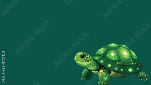 Cute green turtle vector illustration with glowing shell patterns on dark green background, detailed cartoon reptile character, isolated wildlife artwork for nature themes.
