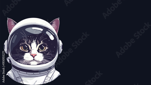 Cute astronaut cat wearing space helmet vector illustration, futuristic feline explorer portrait isolated on dark background, sci fi cosmic kitty character design for print.