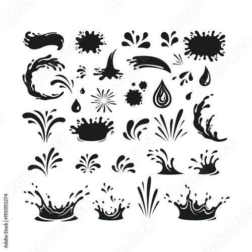 Splashy black ink splatters and water droplets on white