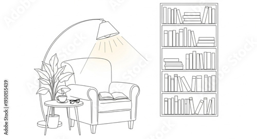 Armchair and Bookshelf Illustration Details.