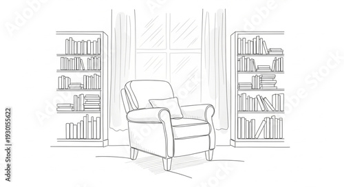 Armchair and Bookshelves Sketch Illustration.