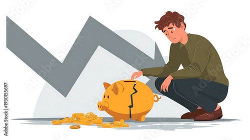 Man looks sadly at a broken piggy bank with spilled coins and a downward graph.