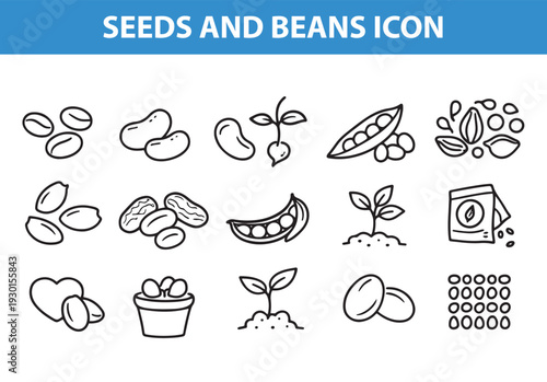 Seeds and Beans Icon Set Hand Drawn Seedlings, Peas, Beans and Gardening Symbols