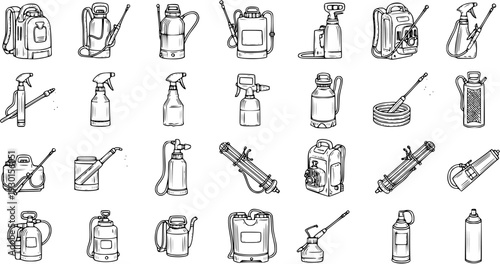 Hand Drawn Collection of Pressure Sprayers for Gardening, Agriculture, and Disinfection