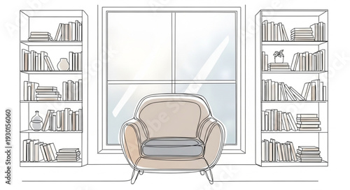 Armchair with Bookshelves and Window.