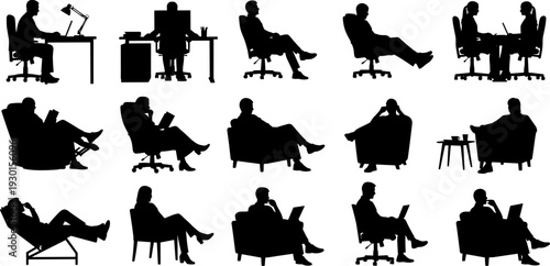 Business people silhouettes sitting in chairs working on laptops having meetings and relaxing in office lounge vector collection for corporate design.