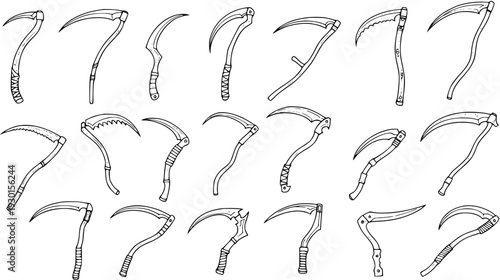 Collection of Hand Drawn Scythe Designs, Various Blade  Handle Styles