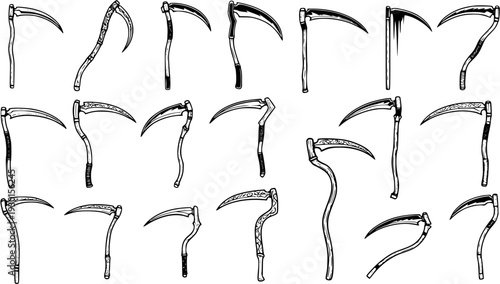 Scythe Collection: Hand-Drawn Reaper Symbol Set - Vector Illustrations for Dark Fantasy and Halloween Designs