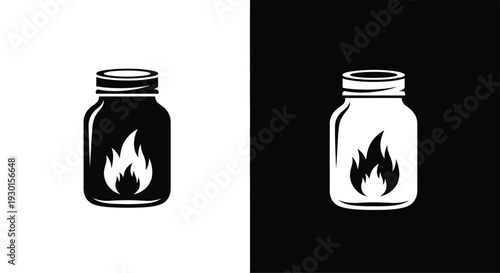 Minimalist black and white illustrations of a jar containing a stylized flame, presented in contrasting inverse color schemes.