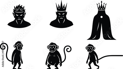 Royal crown silhouettes, regal character illustration, monkey figures artwork, symbolic primate design, fantasy narrative concept, human animal contrast, storytelling vector art, creative