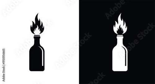 Black and white vector icons of a Molotov cocktail, a burning bottle symbol of protest and rebellion.
