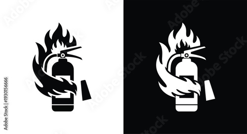 Monochromatic graphic illustration of a fire extinguisher engulfed in flames, presented in both black on white and white on black versions, symbolizing fire safety and emergency.