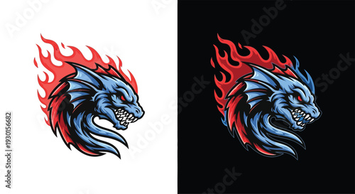 A fierce blue dragon or sea monster head with red flames, designed as an aggressive e-sports mascot or logo.
