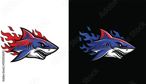 Dynamic flaming shark mascot logo design in blue and red, depicted on both white and black backgrounds, showcasing speed and aggression.