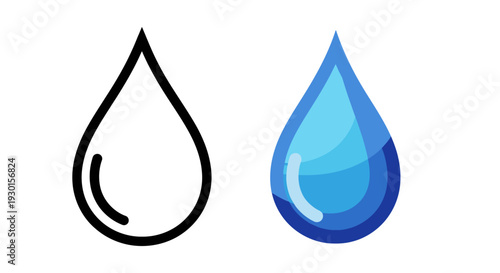 Simple line icon and glossy filled design of a water droplet displayed side by side for comparison in clean graphic art style