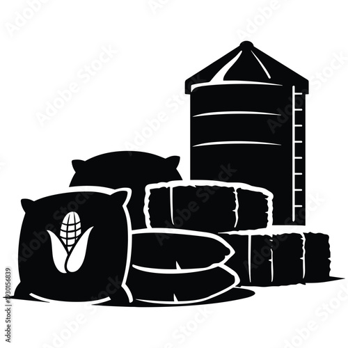 Farm storage silo with sacks and hay bales