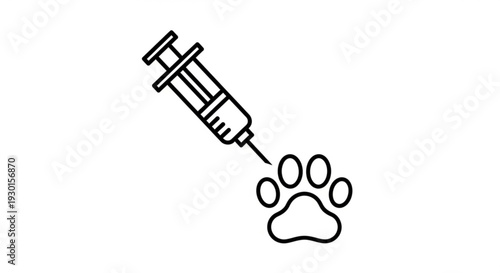 Veterinary vaccination illustration of syringe injecting into a pet paw print on white background from a straightforward viewpoint