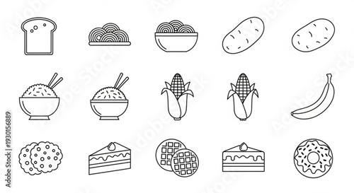 Assorted food icons including bread, desserts, fruits, and vegetables displayed in a simple line art style on a clean background from a straightforward viewpoint