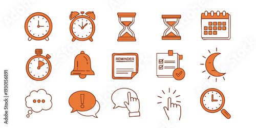 A set of icons illustrating time and communication on a white background is viewed from directly above