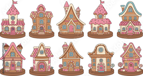 Cute Gingerbread Houses Collection with Candy and Sweet Decorations Fairy Tale Dessert Cottage Vector Illustration Set