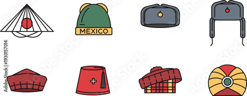 Collection of eight distinct international traditional hats and headwear icons presented in a clean graphic style