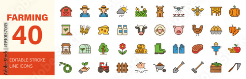 Collection of farming icons representing various agricultural elements and tools in a modern flat design style