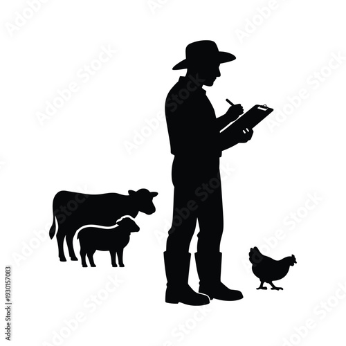 Farmer checking livestock animals with clipboard silhouette