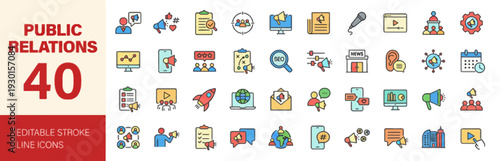 Collection of public relations icons representing various office and communication elements in a flat design style