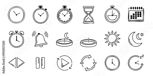 Collection of minimalist clock and time-related icons displayed on a clean background from a straightforward viewpoint
