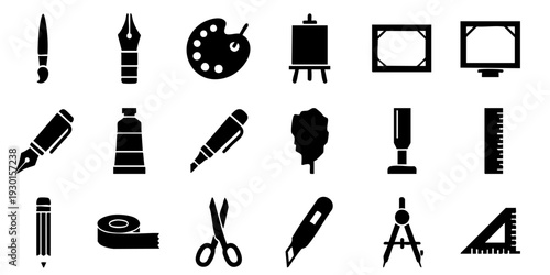 Collection of various art supplies and tools displayed on a clean white background from a straightforward viewpoint