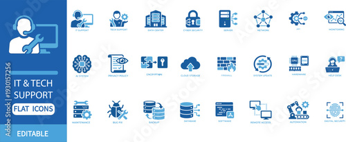 IT & Tech Support Flat Icon Set with Server, Cyber Security, Data Center, Cloud Storage, Encryption, Network, API, Monitoring and Digital Security Editable Blue Vector Collection

