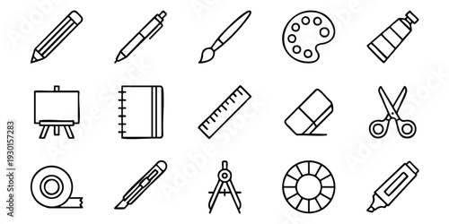 A collection of art supplies and stationery items neatly arranged on a clean surface viewed from directly above