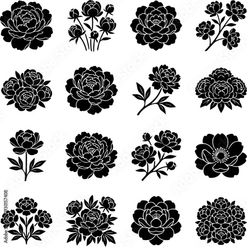 16 Premium Black Peony Flower Icons - Wedding & Botanical Graphic Elements. Vector Illustration. Design Element. Clip art. Suitable for artwork design. Editable for any design.