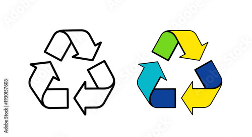 Comparison of the universal recycling symbol showing both a simple black outline version and a brightly colored graphic design for environmental campaigns