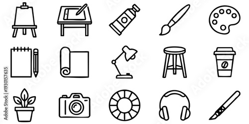 A collection of art supplies and creative tools displayed on a clean background from a straightforward viewpoint