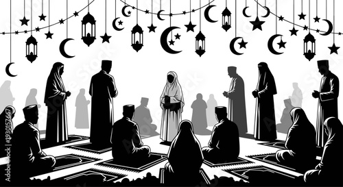 Muslim people praying in mosque during ramadan with hanging lanterns stars and crescent moon silhouettes for islamic religious holiday celebration greeting card.