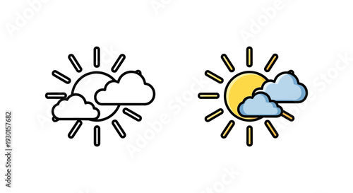 Comparison showcasing a flat line art weather icon design alongside a colored filled version representing partially cloudy sunshine conditions for application interfaces