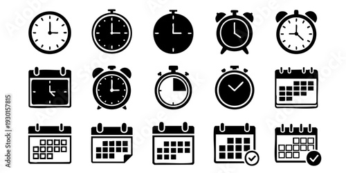 Collection of various monochrome time-keeping icons including clocks, alarms, and calendars displayed together on a clean background