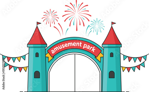 Amusement Park Entrance Gate with Towers Flags and Fireworks Festive Carnival Vector Illustration