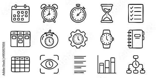 A collection of simple icons representing time management, productivity, and data analysis displayed on a clean white background from a straightforward viewpoint.