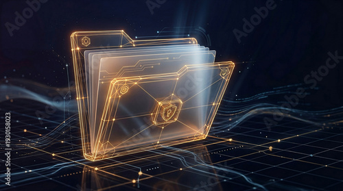 GDPR data protection and privacy featuring glowing holographic folder with secure documents and shield keyhole icon, symbolizing digital information security and confidential data management.