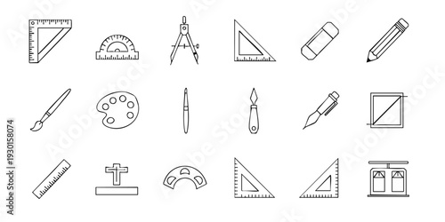 Collection of simple line art icons representing art and design tools on a clean white background from a straightforward viewpoint