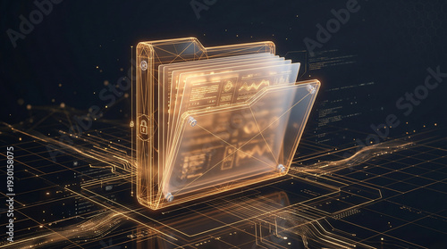 GDPR compliance with a glowing wireframe folder, documents, and a padlock icon, symbolizing data privacy, cybersecurity, and secure information management.