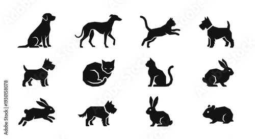 Domestic pet silhouette set, including dogs, cats, rabbits, and small animals.