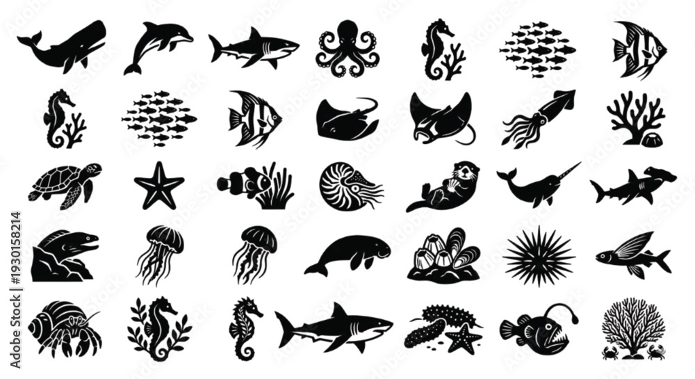 Obraz premium 48 Marine Life Icon Set, minimal black vector silhouettes.