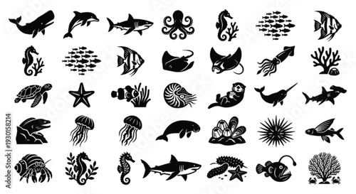 48 Marine Life Icon Set, minimal black vector silhouettes.
