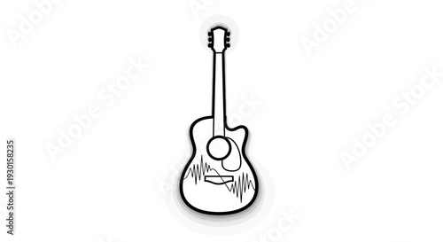 Acoustic Guitar Line Art with Sound Waves, Music Concept