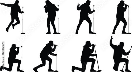 Silhouette singer performing with microphone stand, dynamic stage poses, concert energy, live music performance, expressive body language, entertainment illustration, vector art
