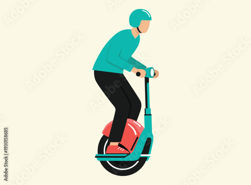 man wearing a helmet and teal shirt riding a modern electric unicycle